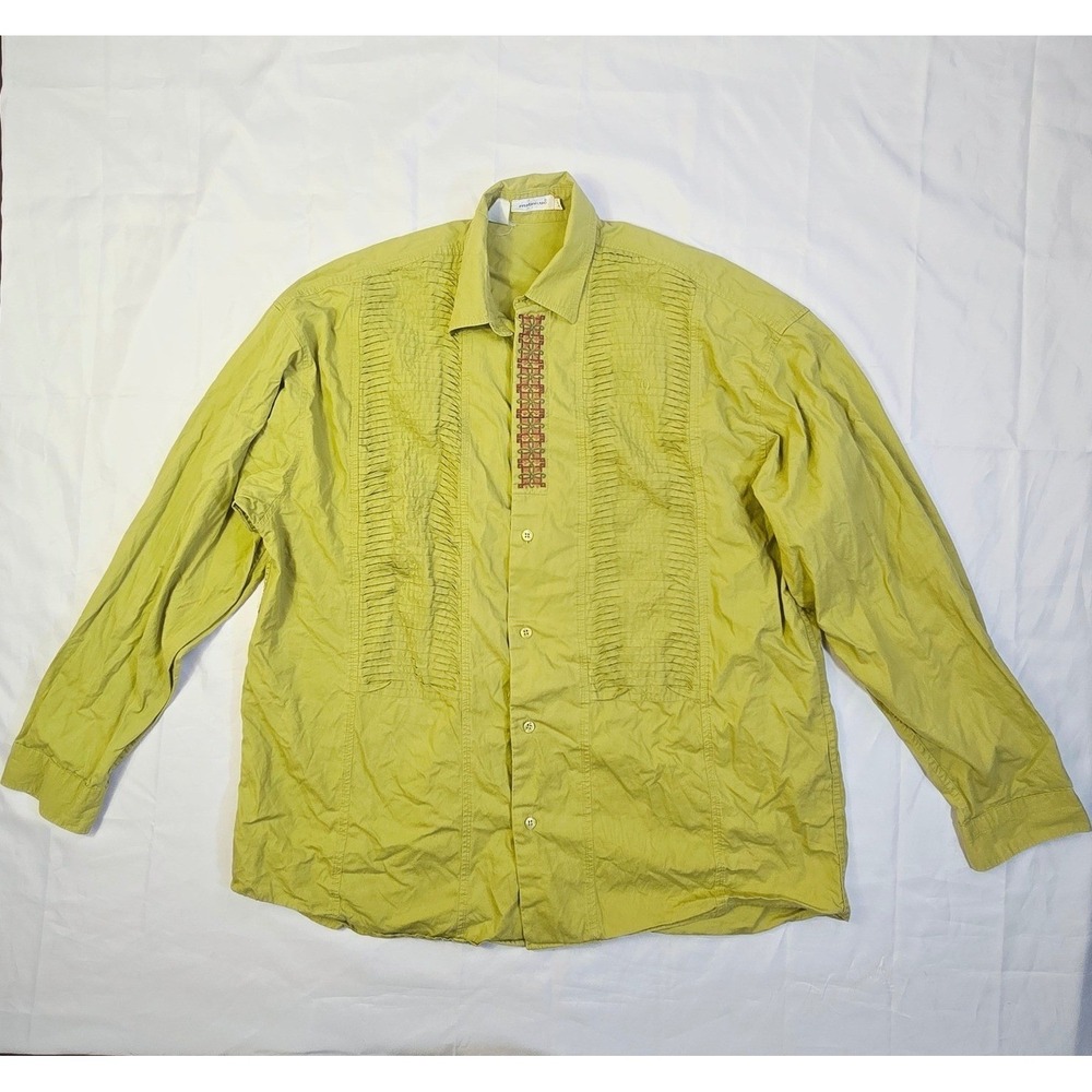 Matinique Men's Pleated Embroidered Button Down Shirt XL Green Long Sleeve V2